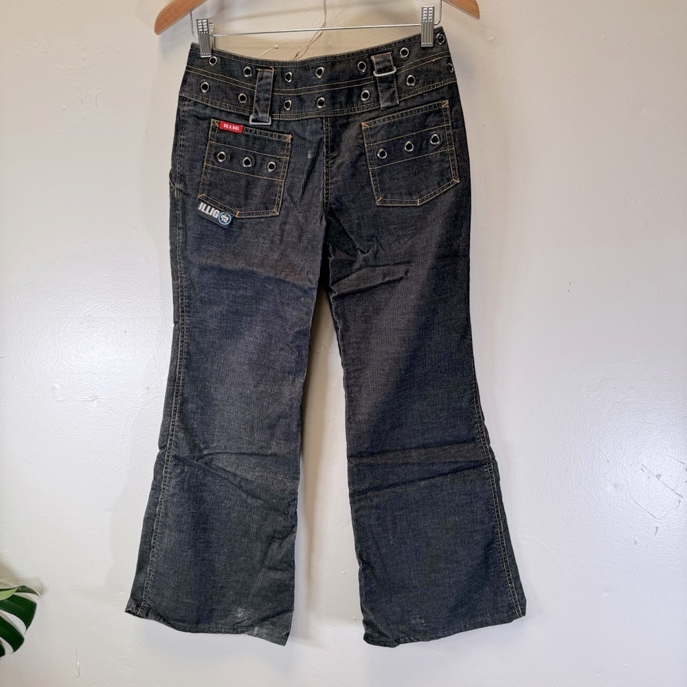 RARE Y2K rave pants ILLIG black gray silver grommets wide leg flair low rise